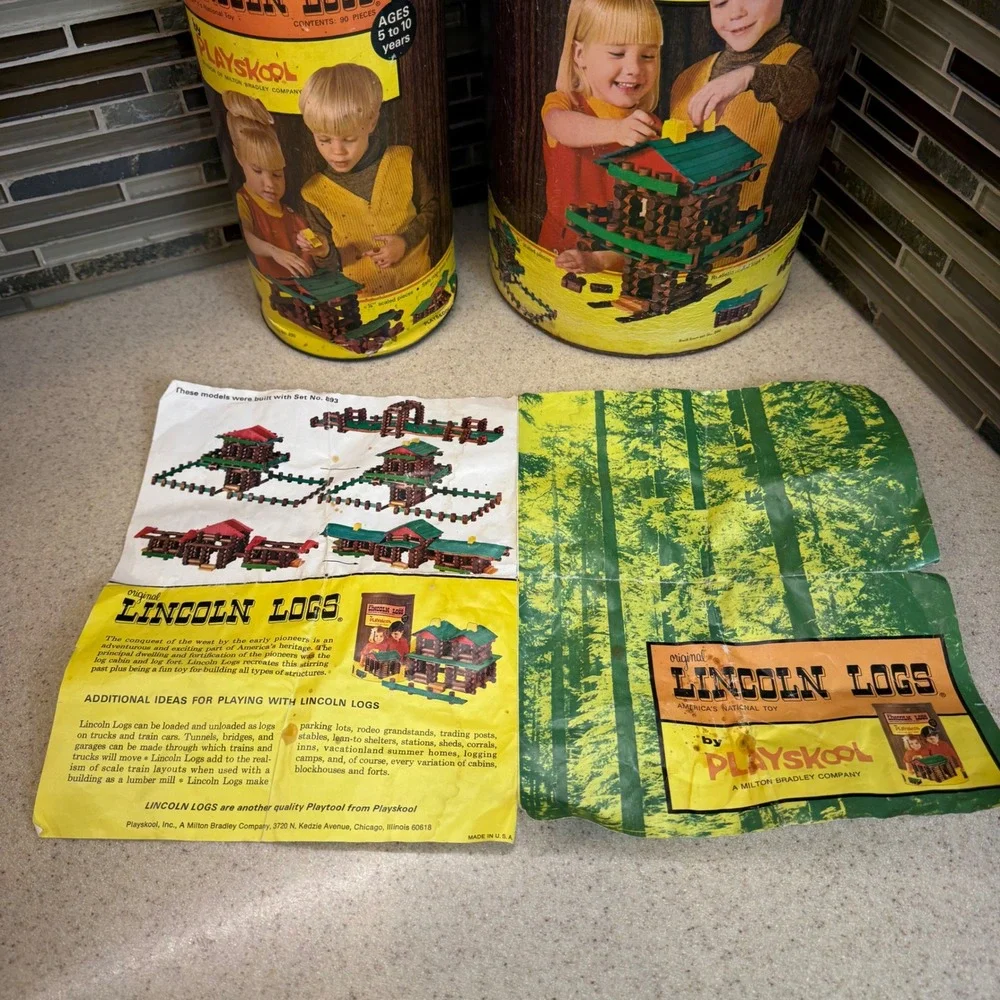 VTG Playskool Lincoln Logs Wood Building Sets No #890 & #893 w/ Canisters 300pc